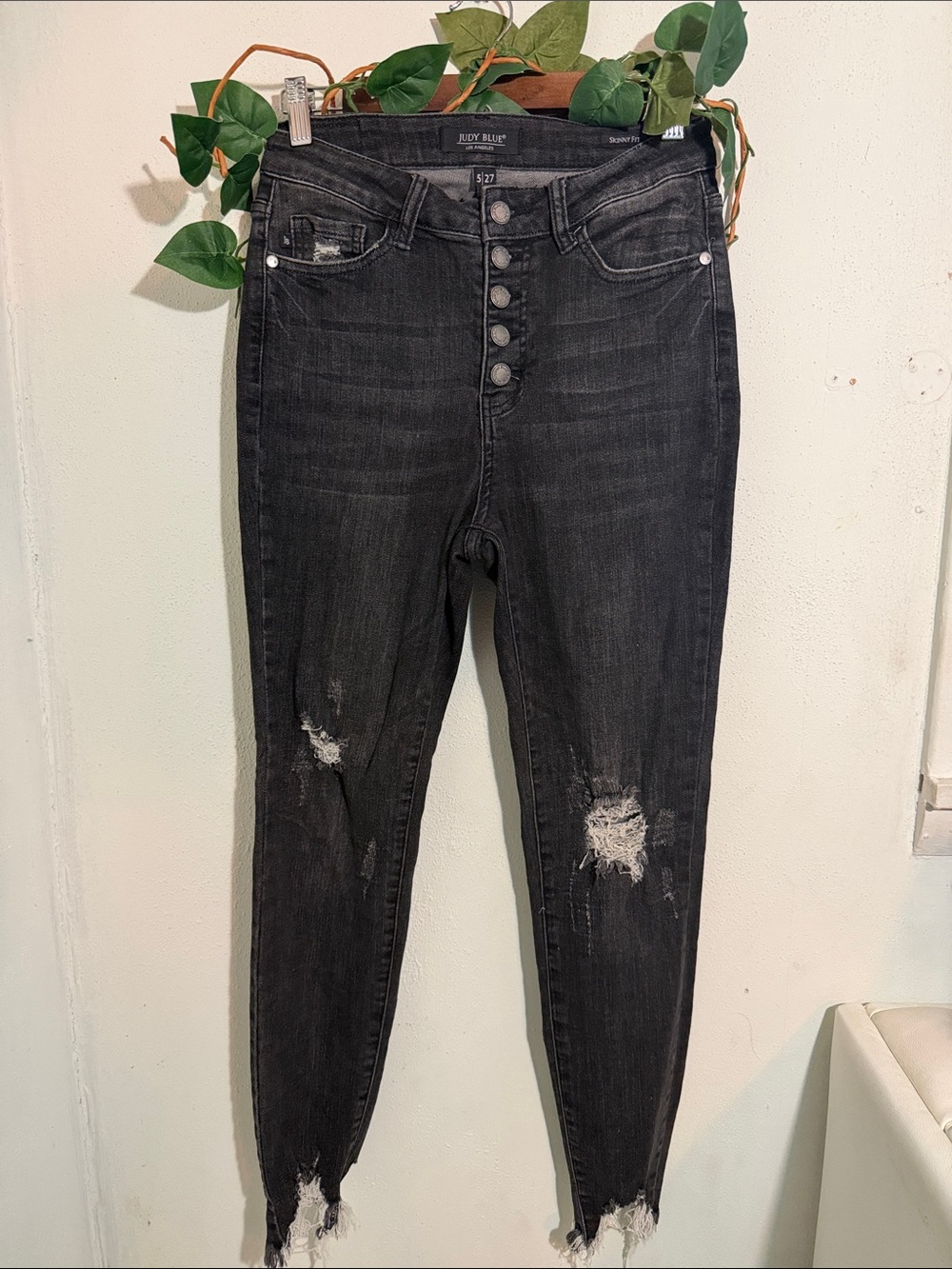 Judy Blue Black Distressed High-Rise Button-Fly Skinny Jeans